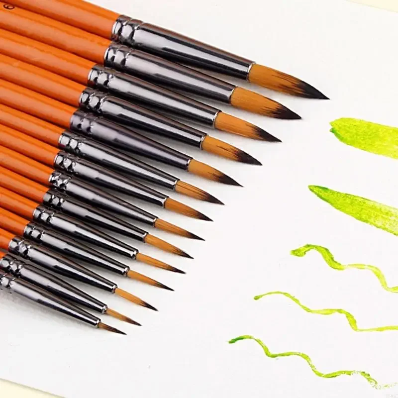 14Pcs Handle Nylon Bristles Brush for Acrylic Watercolor Gouache Oil Painting Fine Detail Brush Miniature Brush F19E