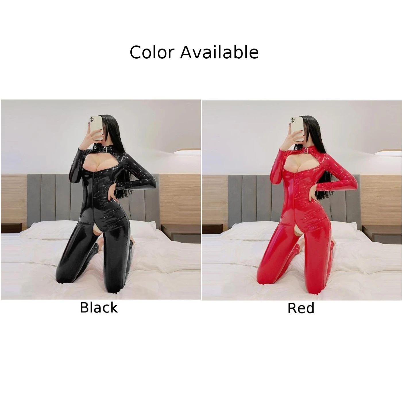 ดูเปียกคลับสวมหน้าอกกลวงหนัง Faux Exotic Jumpsuit ชุดชั้นในสตรีเซ็กซี่ถุงน่องซิป Latex ไนท์คลับ Sex A50