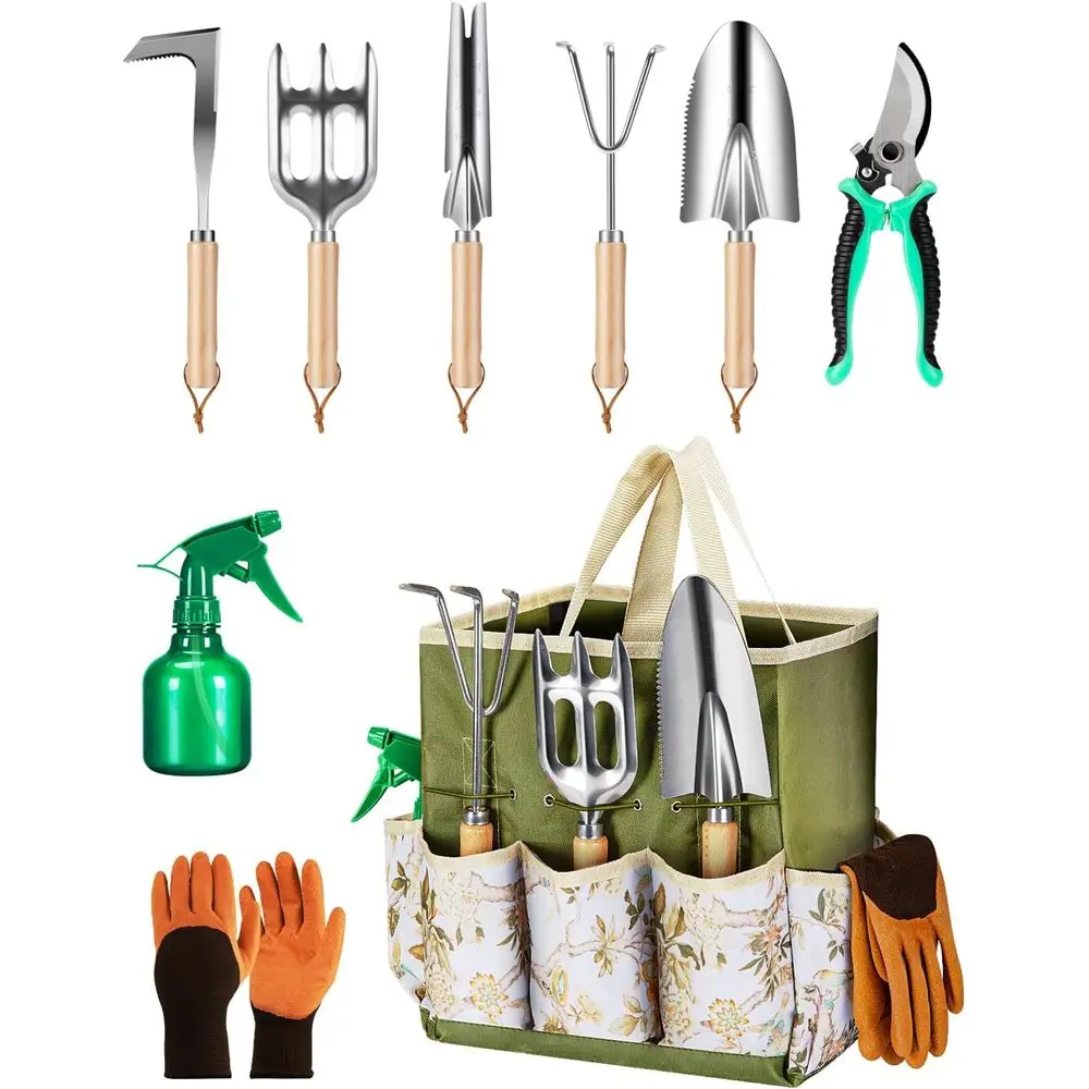 

9-Piece Premium Gardening Tools Set - Heavy Duty Stainless Steel, Rust-Resistant with Fashionable Storage Tote for Women | Ideal