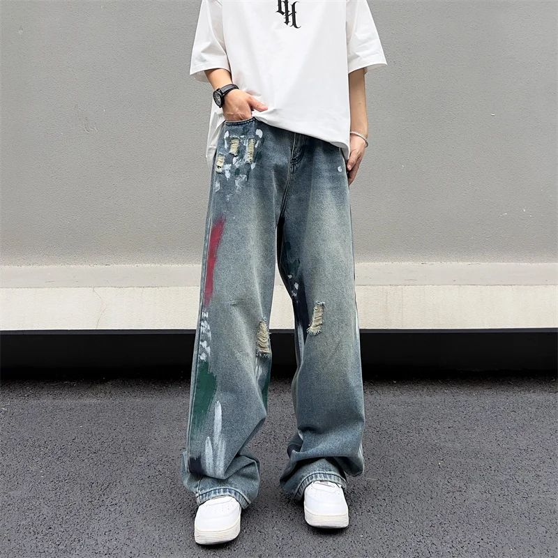 

Men's Loose Wide Leg Jeans Spring Autumn Trendy High Street Wear Waed Stone inding White Durable Straight Tube Trousers