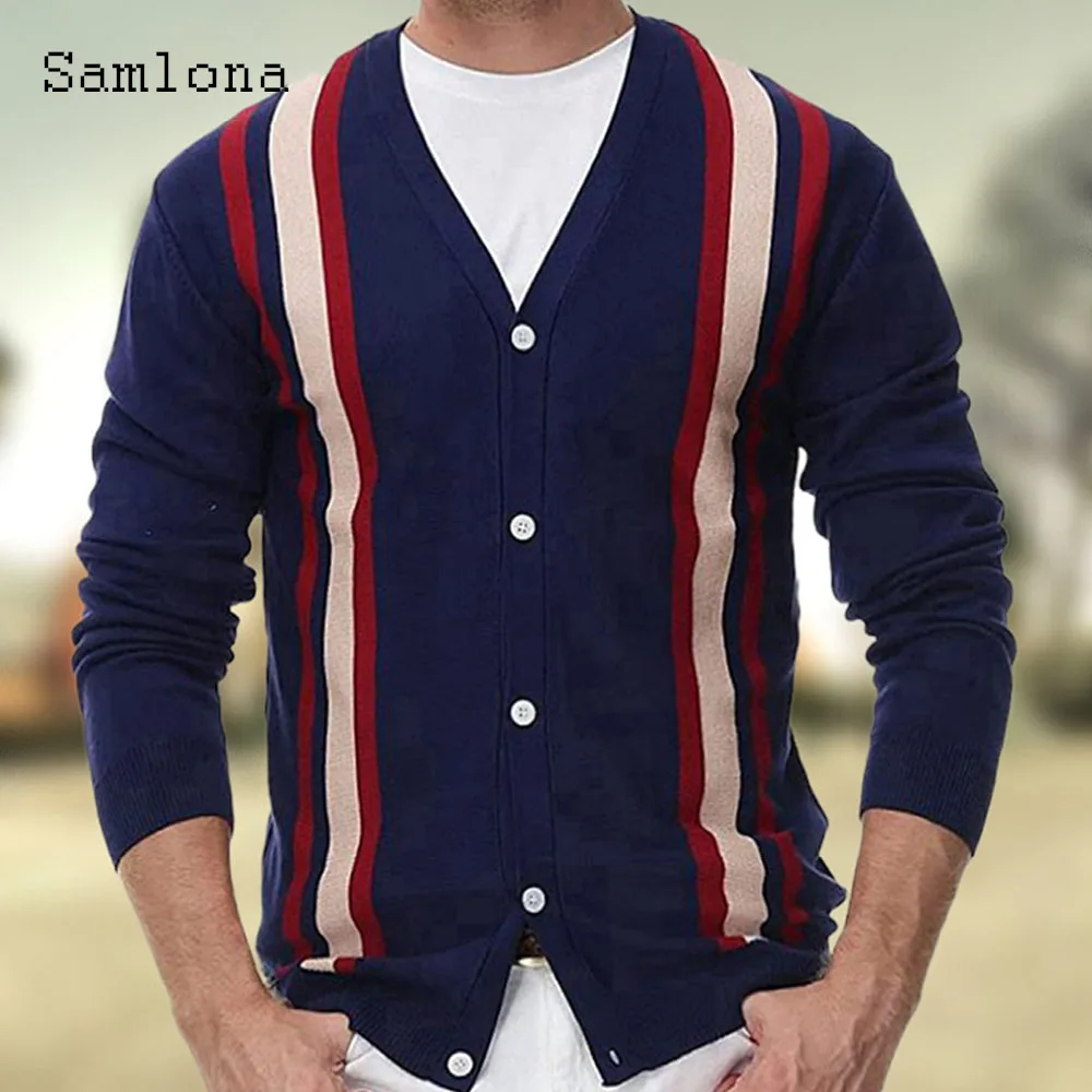 

Men Long Sleeves Cardigans 2024 England Style Knitting Sweaters Male Patchwork Tops Outerwear V-neck Knitted Sweater Jumpers New