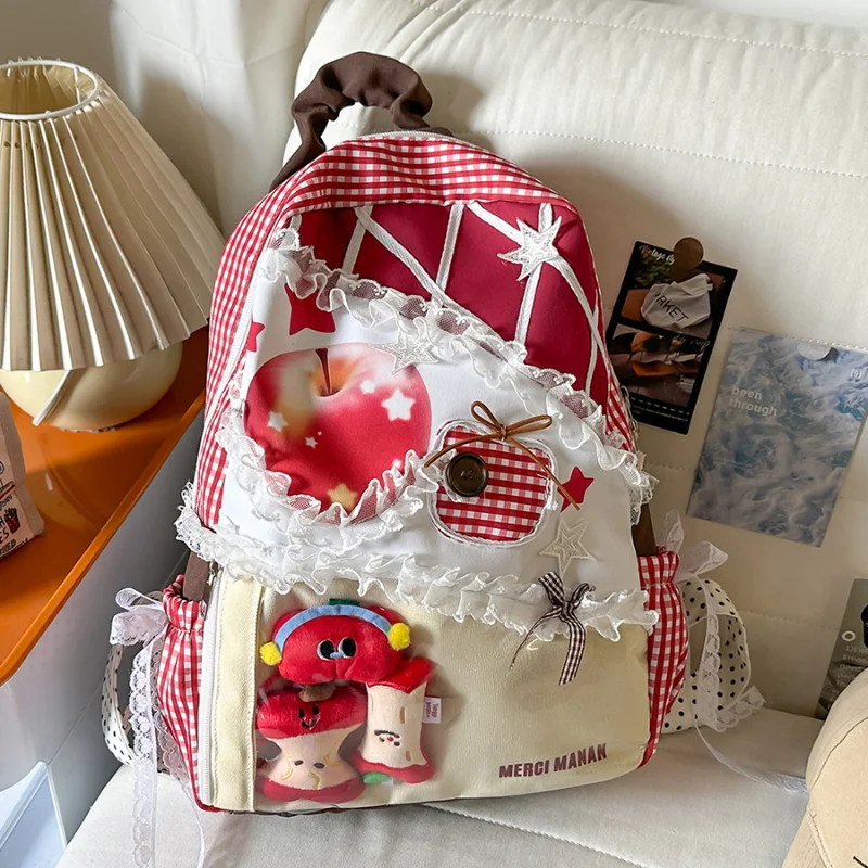 Harajuku Sweet Girls Backpack Lace Ruffle Decor Apple Fruit Print Transparent Pocket Kawaii Student School Backpack Daily Bag