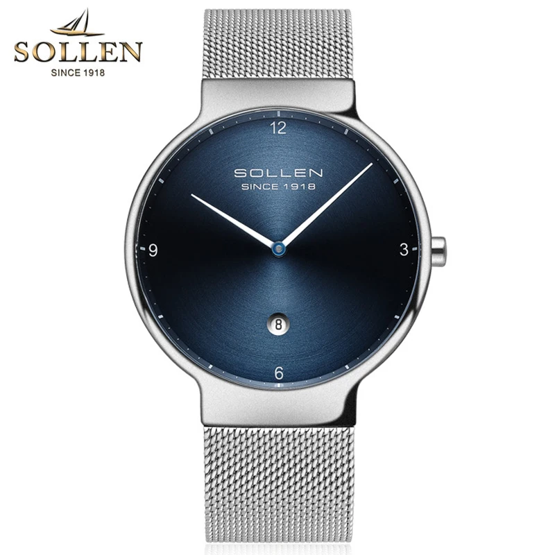 SOLLEN Fashion Simple Calendar Quartz Men Watch For Men Business Watch Slim Dial Design Sapphire Mirror Relogio Masculino 9015