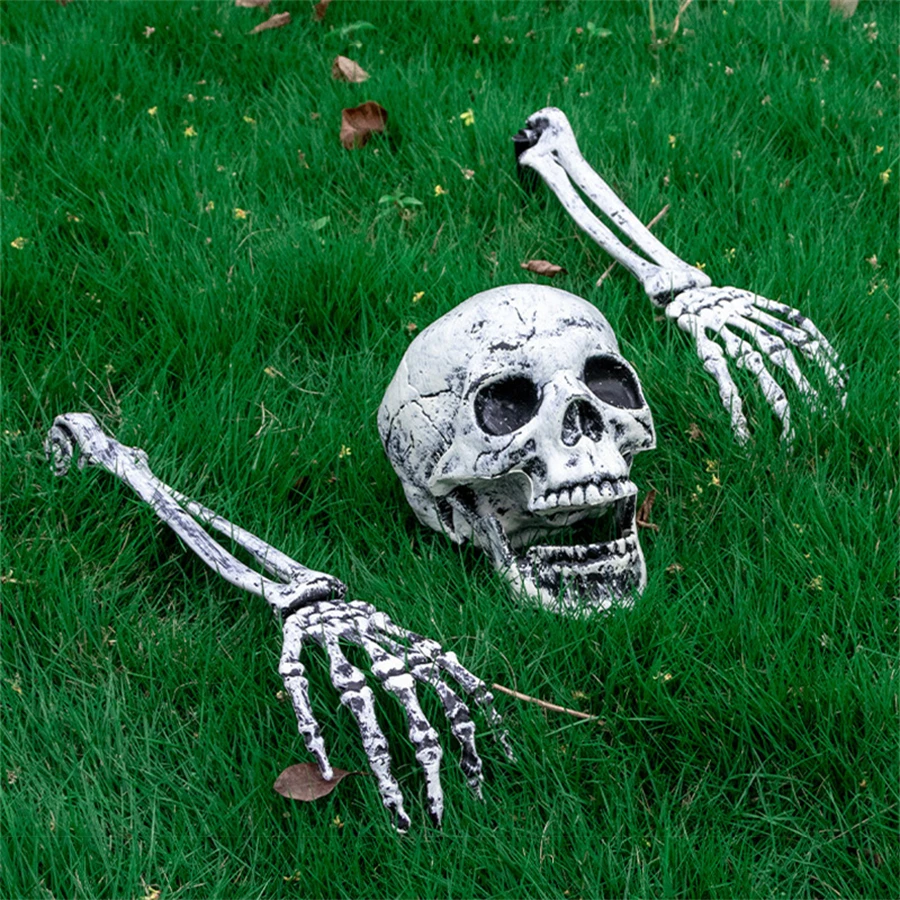Halloween Realistischer Totenkopf Skelett-Kopf Menschliche Hände und Arme für Halloween-Party Haus Garten Rasen Deko Spukhaus Horror-Requisiten