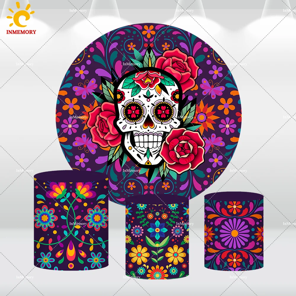 Mexico Day Of The Dead Round Backdrop for Mexican Fiesta Sugar Skull Dress-up Party Supplies Circle Photo Background Photo Booth