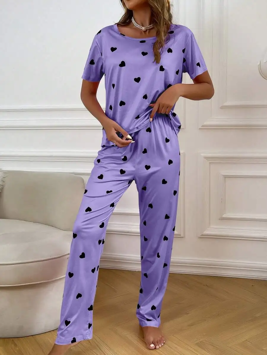 

Purple Heart Print Short Sleeve Pajama Set For Women