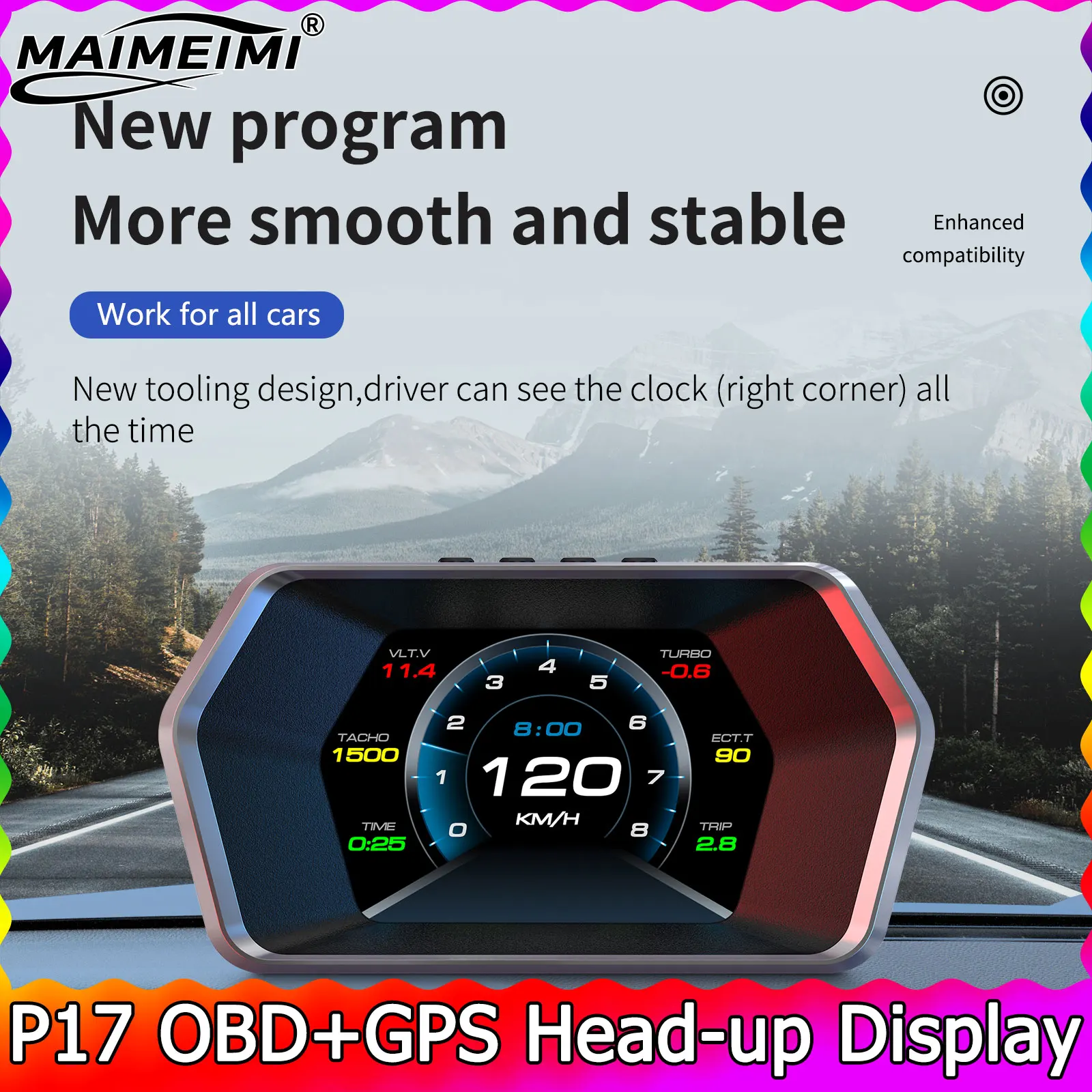 

P17 Head Up Display 4.3 Inch Speedometer OBD2 +GPS HUD Display Smart Auto Tachometer Security Alarm Water Temp Voltage RPM Overs