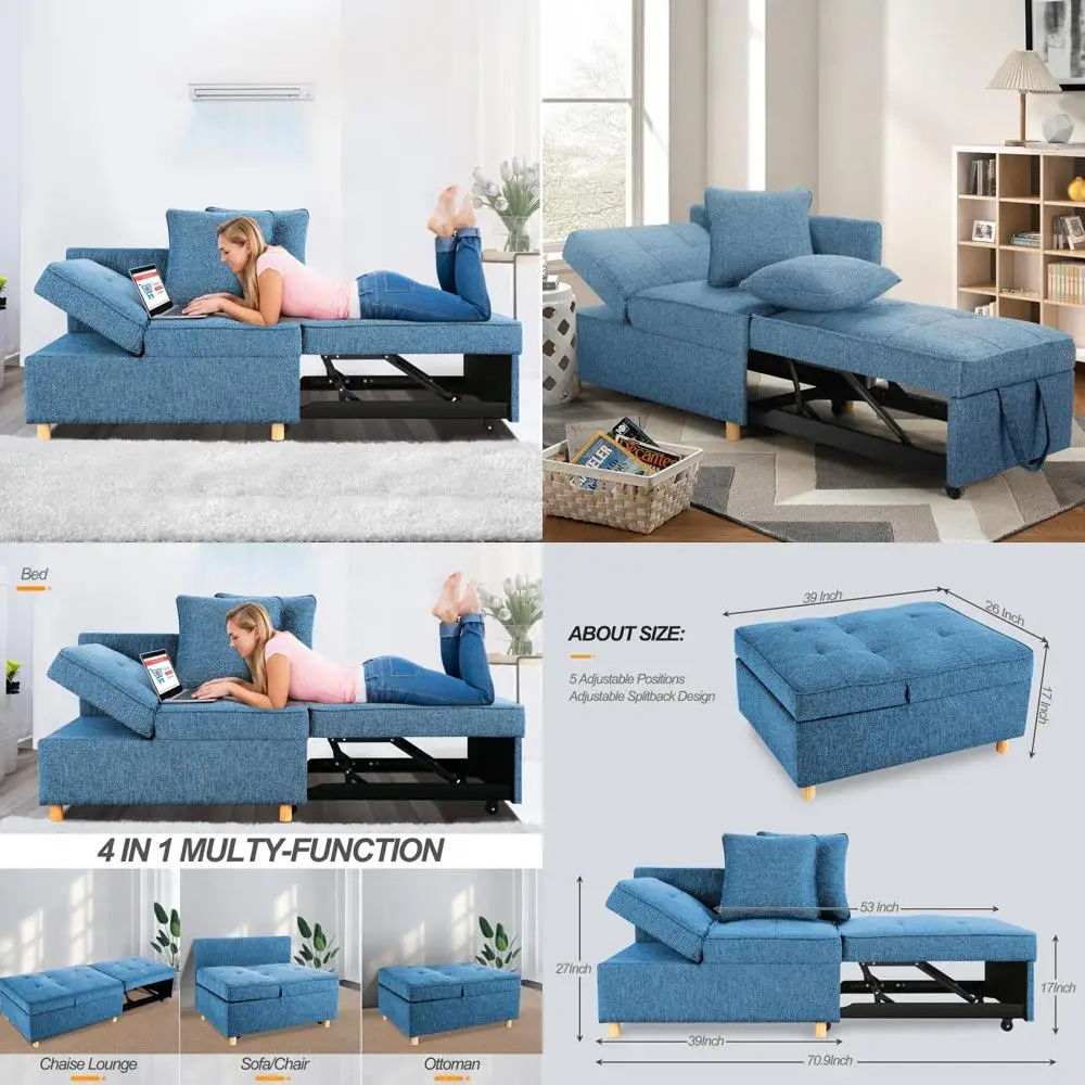 Modern 3-Seat Linen Fabric Sleeper Sofa Bed, 4-in-1 Couch with Recliner and Folding Daybed, Guest Bed Option for Comfortable Ove