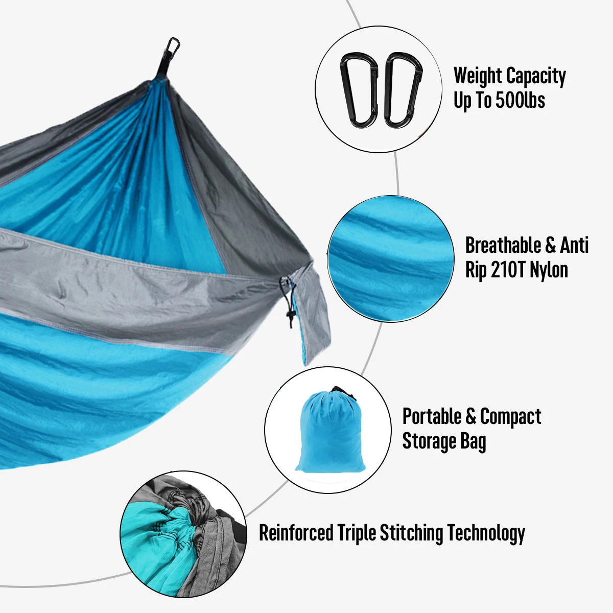 Solid Color Parachute Hammock with Hammock straps and Black carabiner Camping Survival travel Double Person outdoor furniture