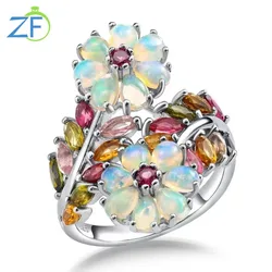 GZ ZONGFA Authentic 925 Sterling Silve Flower Rings for Women Natural Opal Tourmaline 3ct Gems Colorful Trendy Fine Jewelry