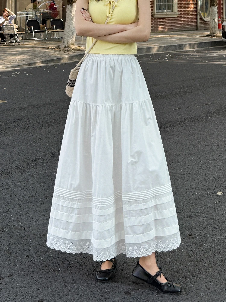 

White Lace Trim A-Line Long Skirt Women's High Waist Slimming Summer Gown Korean Sle Commute Polyester Fabric Skirt