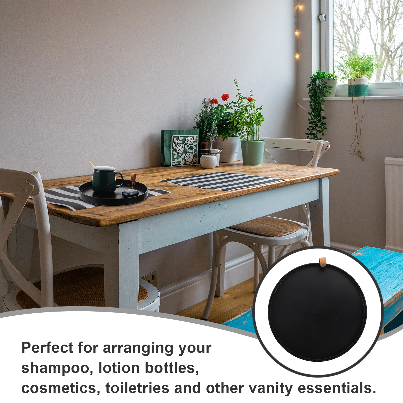 

Round Storage Tray Black PU Handle Organizer for Bathroom Vanity Toiletries Jewelry Perfume Small Decorative Disk Modern
