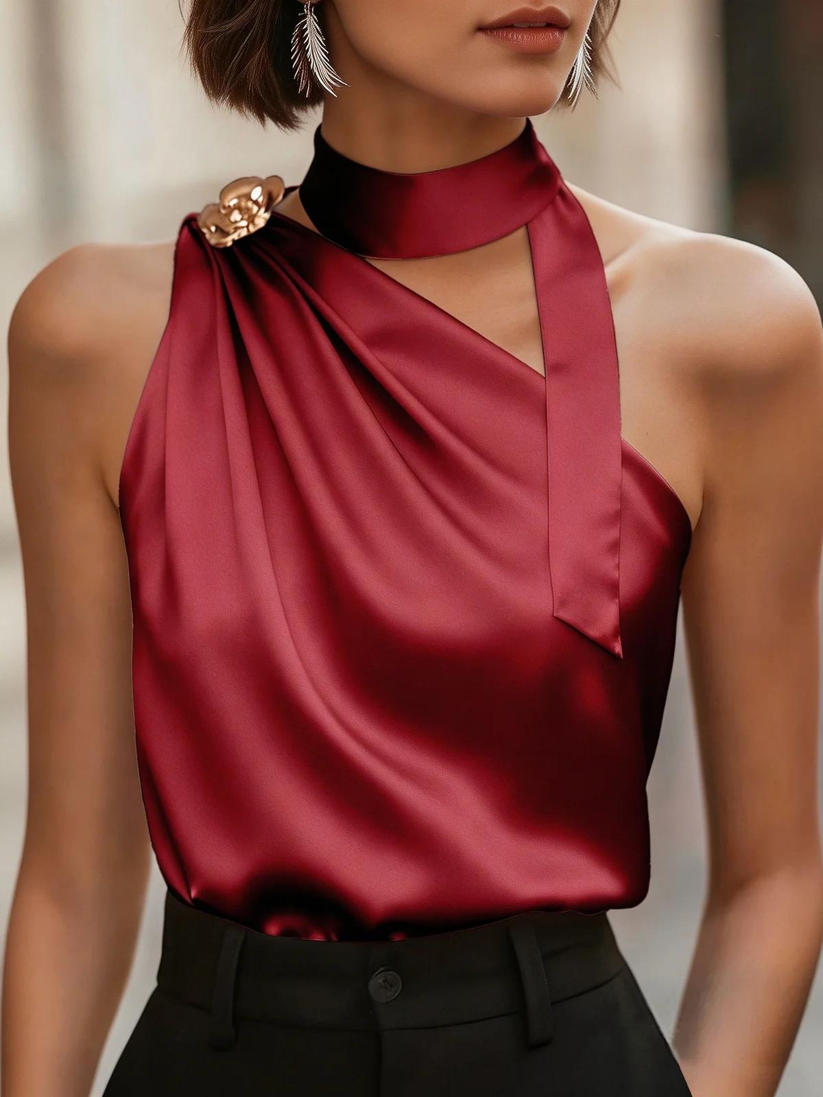 Chic Halter One Shoulder Satin Draped Burgundy Sleeveless Blouse, Tank Top For Party & Office Women