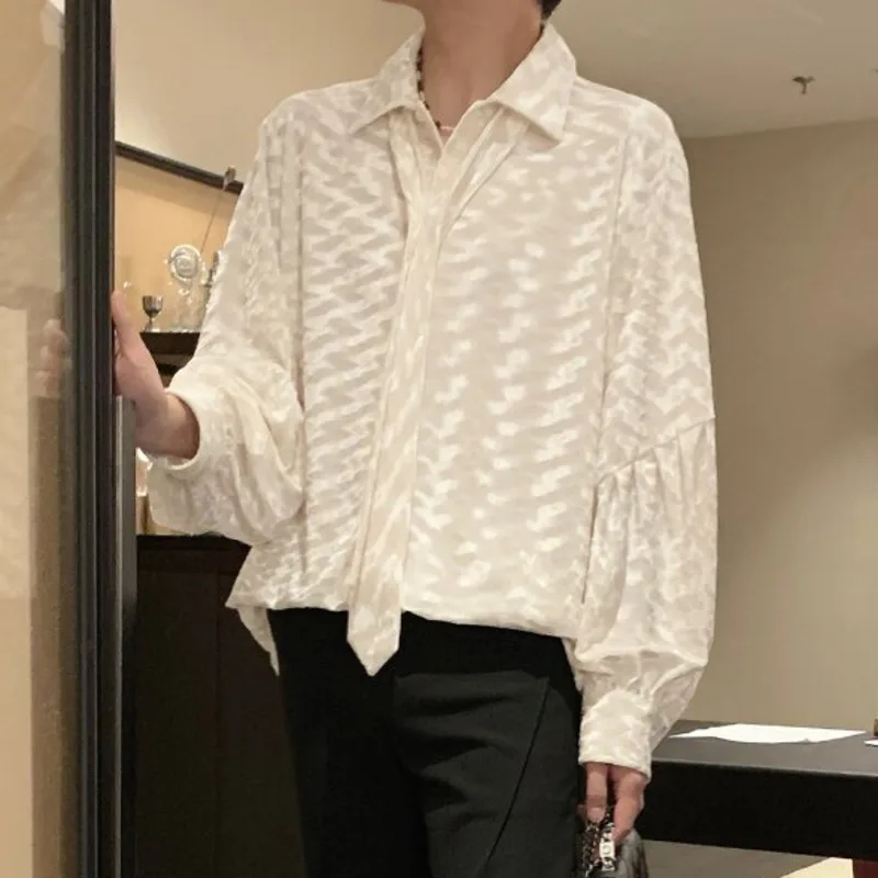 WVGA Spring Autumn New Men French Style Light Luxury Velvet Turn-Down Collar Shirt High-end Long Sleeve Tie Niche Top Ins W24465