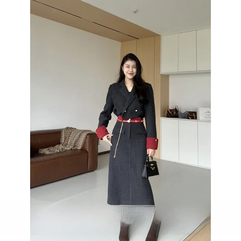 

Color Blo Plaid Long Coat And Midi Skirt Set Women's Ele Winter Faion Outerwear with Furry Waist Cinched Strai...