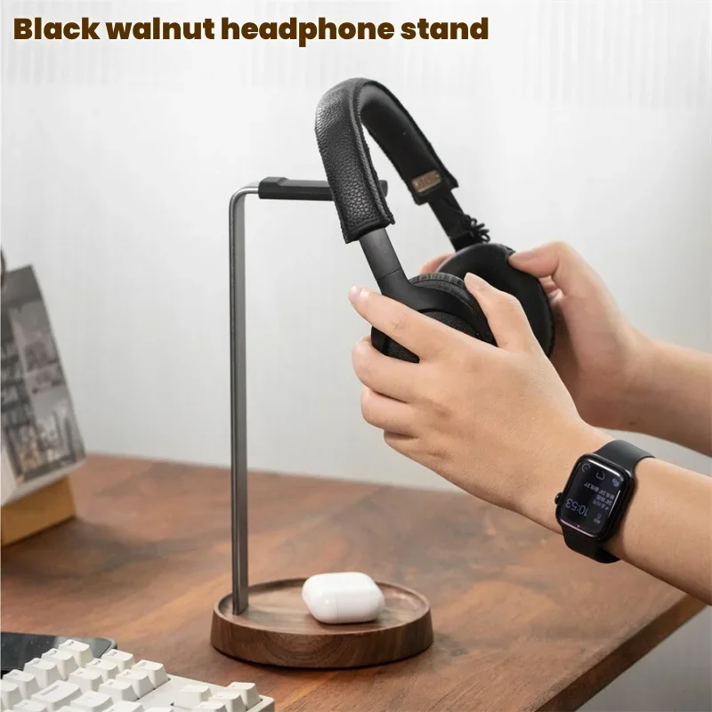 E-sports Gaming Headphone Stand Hanger Metal Alloy with Black Walnut Headset Holder Wooden Headphones Bracket Storage Display