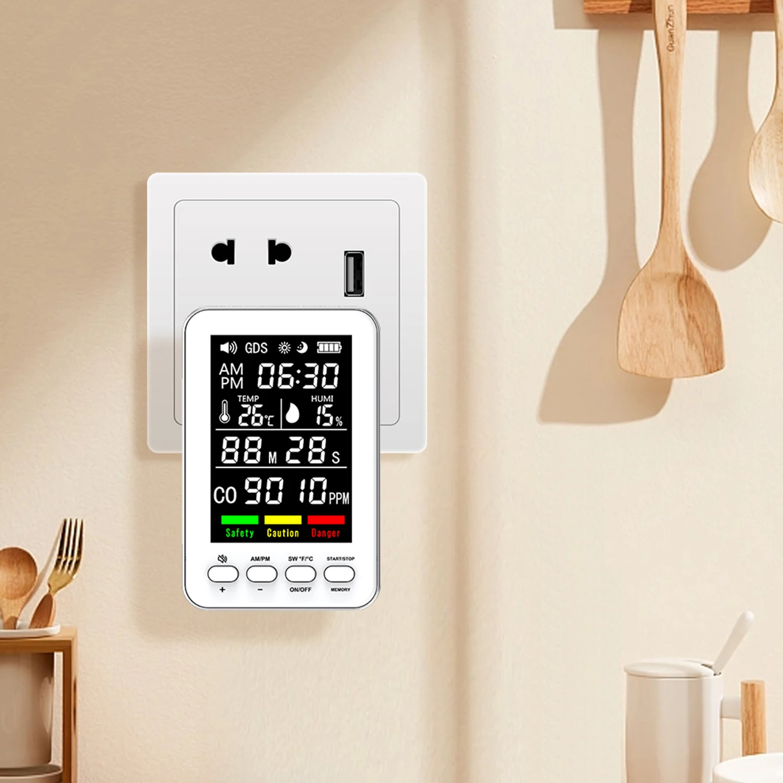 

5-in-1 Portable Carbon Monoxide Detector Plug in Wall Carbon Monoxide Alarm with Temperature & Humidity Display for Travel