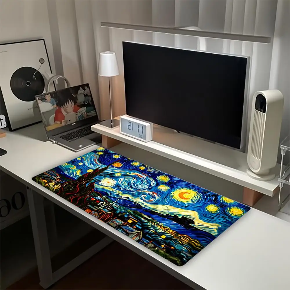 Van Gogh Starry Night Print Large Desk Mat Non Slip Gaming MousePad Stitched Edge Art Keyboard Mat for Laptop PC Office Game Use