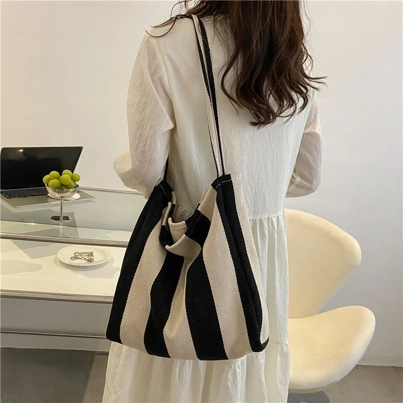 Shoulder Bags for Women Fashion Canvas Bag Striped Shopping Large Capacity Handbags Vintage Elegant Underarm All-match Mujer