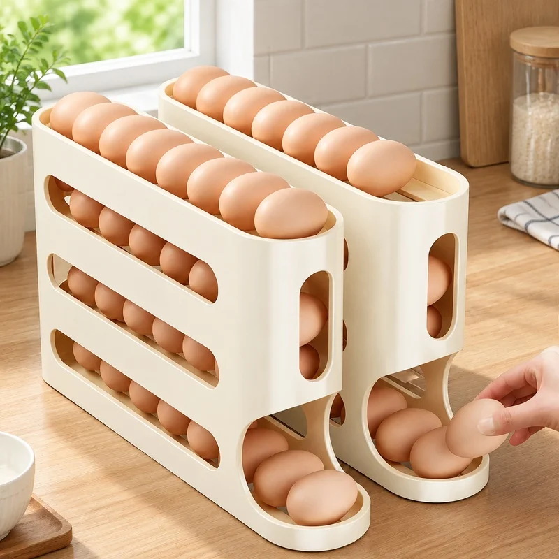 Large Capacity 4-Tier Ladder Egg Holder for Refrigerator Side Door with Auto-Rolling Storage Design