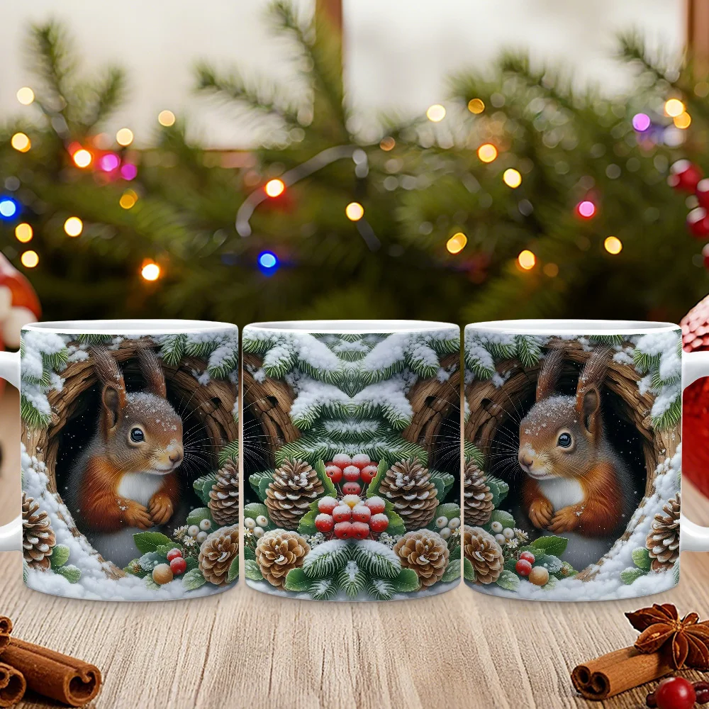 1pc Christmas Decoration Squirrel Themed Coffee Mug | Winter Forest Style Ceramic Coffee Cup, Ideal For Holiday Gifting, Office & Home Use, Festive Tableware for Christmas