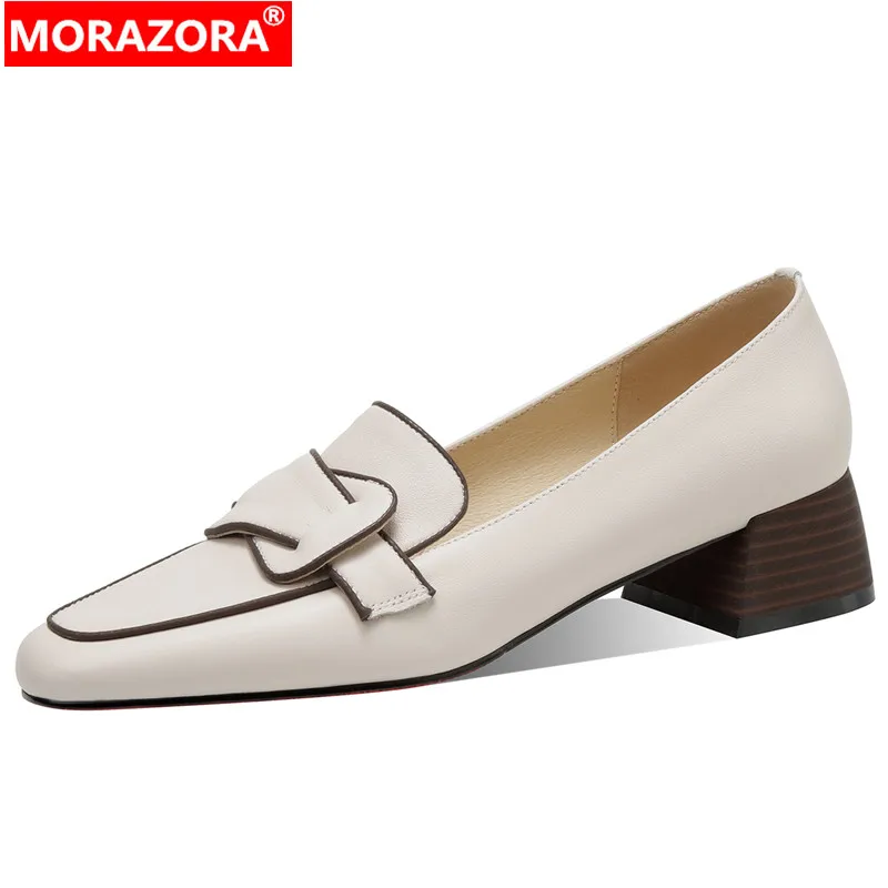 

MORAZORA 2024 New Genuine Leather Loafers Shoes Woman Slip On Spring Dress Pumps Ladies Square Med Heels Shoes