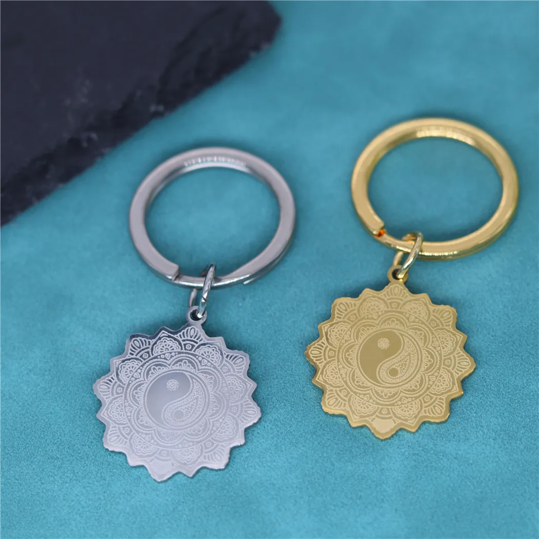 

Chinese Taoist Yin-yang Eight Diagrams Lotus Flower Keychain for Women Men Punk Stainless Steel Pendant Jewelry Yogo Amulet