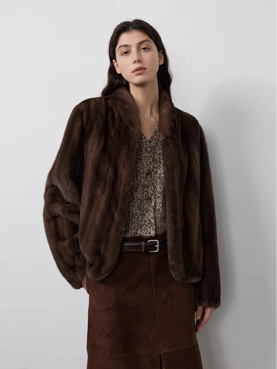Autumn Winter Short Brown Thick Warm Soft Faux Mink Fur Coat Women Stand Collar Elegant Luxury Chic Fluffy Jacket