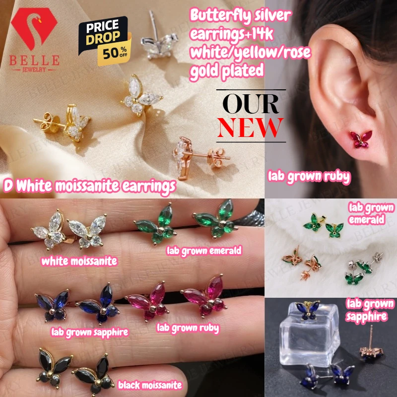 

925 Sterling Silver White Moissanite Lab Grown Gemstone Butterfly Stud Earrings Jewel Plated 18K Women Fine Birthday Gift