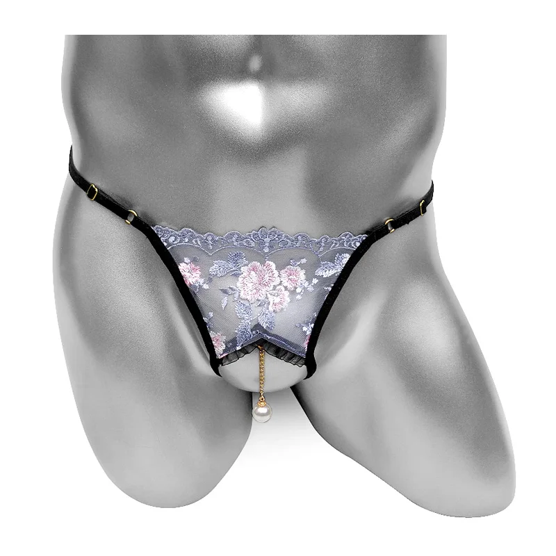 

Sissy Pearl Pendant Thongs Lace Men Underwear Sheer Transparent Sexy Lingerie Open Crotch Embroidery G String Tanga Bikini