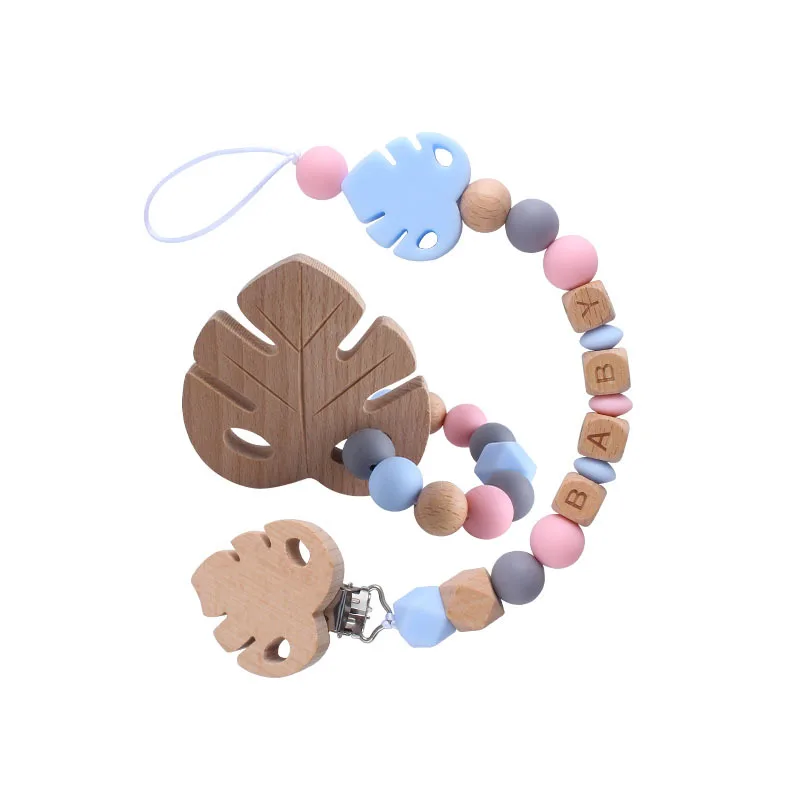 DIY Baby Personalized Name Leaf Pacifier Clips Holder Chain Teething Toys Gifts Wooden Ring Anti-drop Chains Babies Accessories