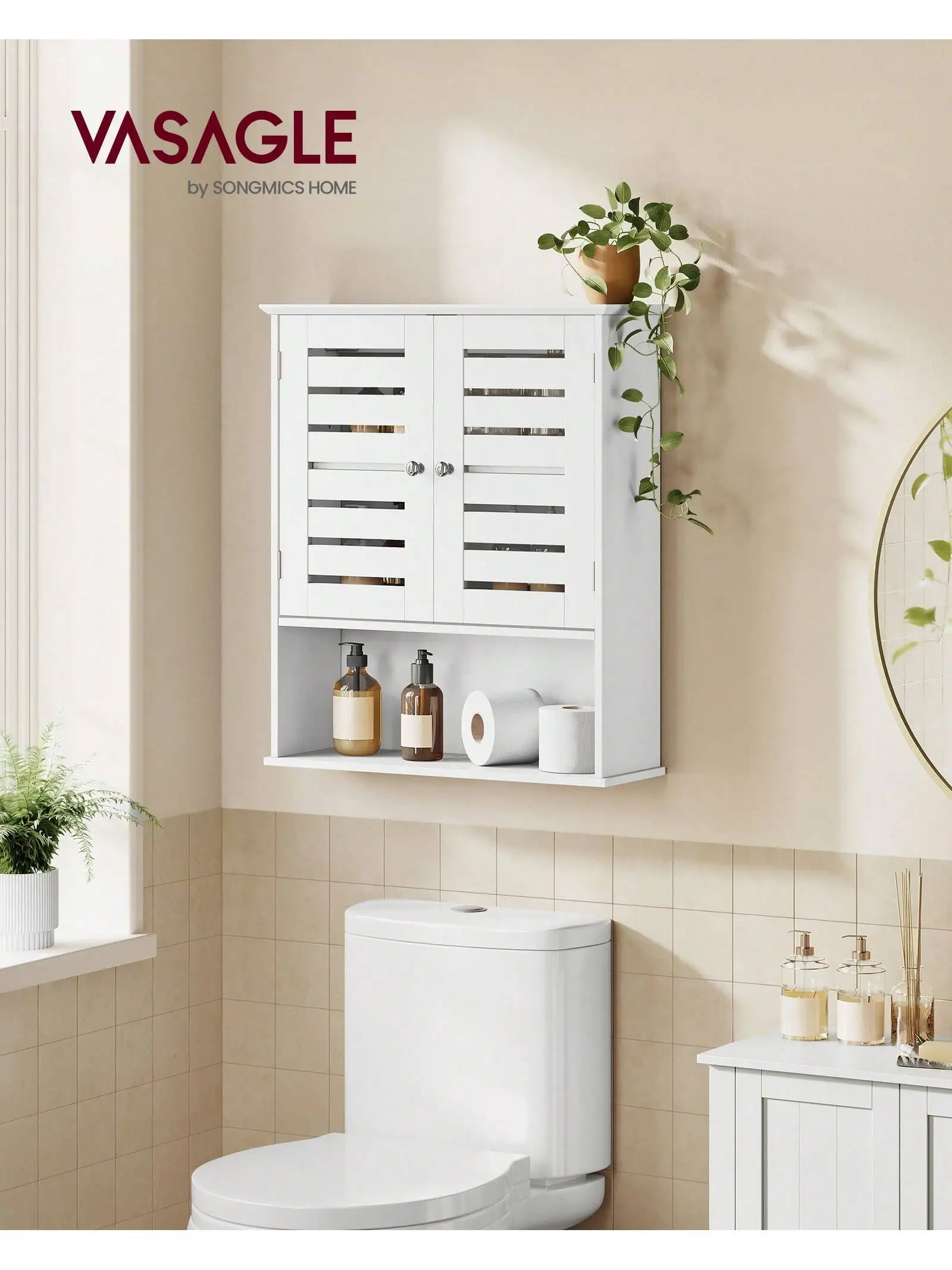 

VASAGLE Bathroom Wall Cabinet, Medicine Cabinet, Wall-Mounted Bathroom Storage Cabinet, With Adjustable Shelf, Double Slat Do