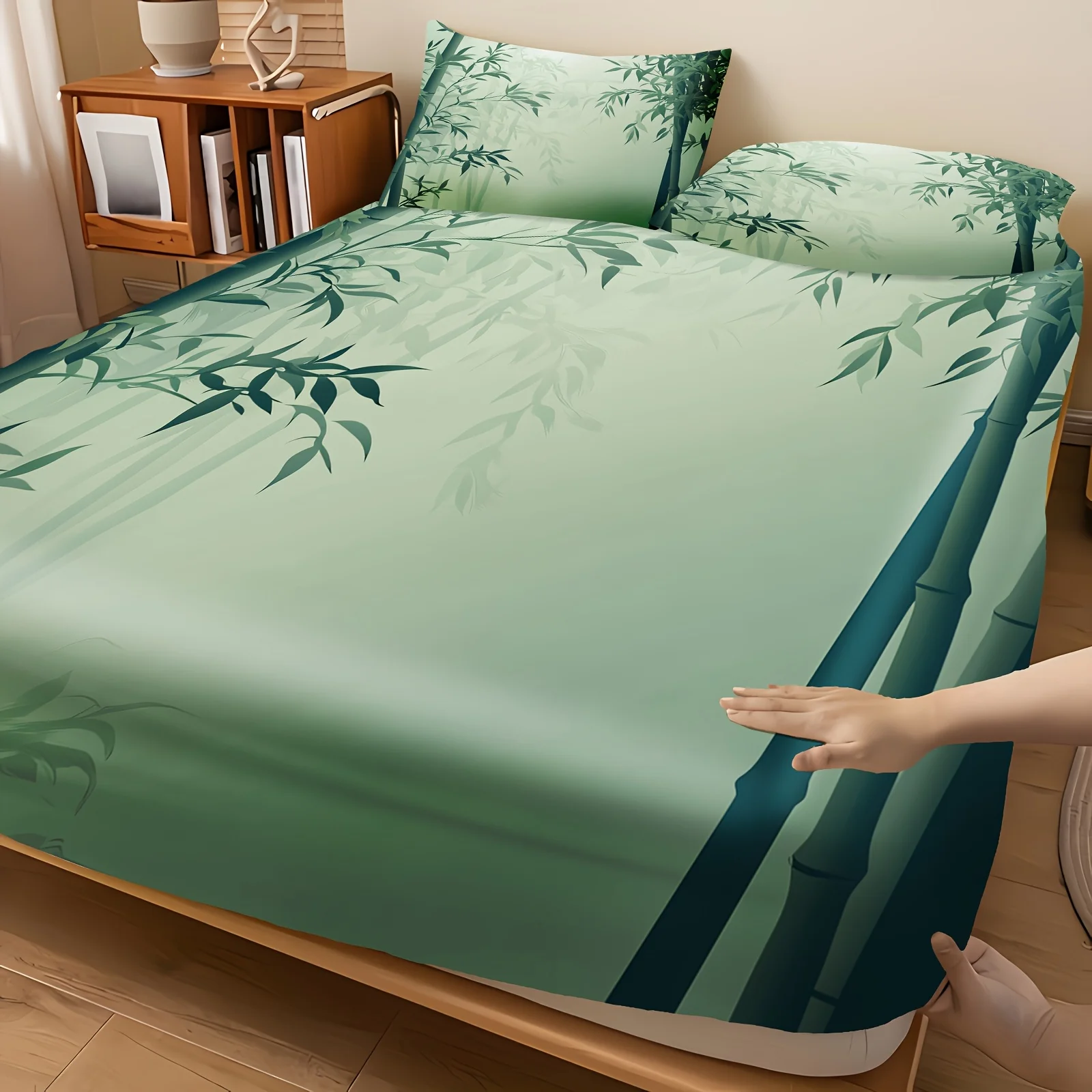 3-Piece Mattress Protector Set, 2D Flat Printed Fitted Sheet, Bamboo Pattern Fitted Sheet Set, Breathable Polyester Material, Machine Washable, Home Bedroom Decoration, Holiday-Themed Fitted Sheet and Pillowcase, Mattress Protector Cover, Stain-Resistant, Mattress Protector Cover. Suitable for All Seasons, Machine Washable, Easy to Care For, Suitable for Home Bedroom Use, Essential for Dorms and Rentals, Master Bedroom and Guest Room Decoration, Dust-Proof and Stain-Resistant, High Elasticity, Fits Various Sizes