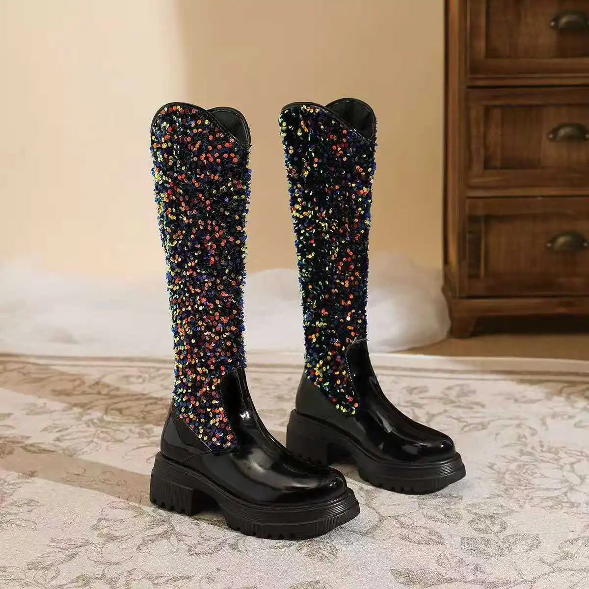

Winter autumn sequin platform boots with thick soles adding height enhancing style Perfectly versatile elegant women's boots