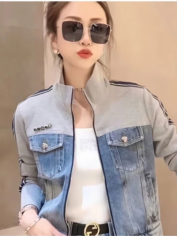 Jeans Women\'s Jacket Vintage Patchwork Lapel Striped Women Spring Thin Zipper Short Long Sleeve Tops Pockets Buttons Coats