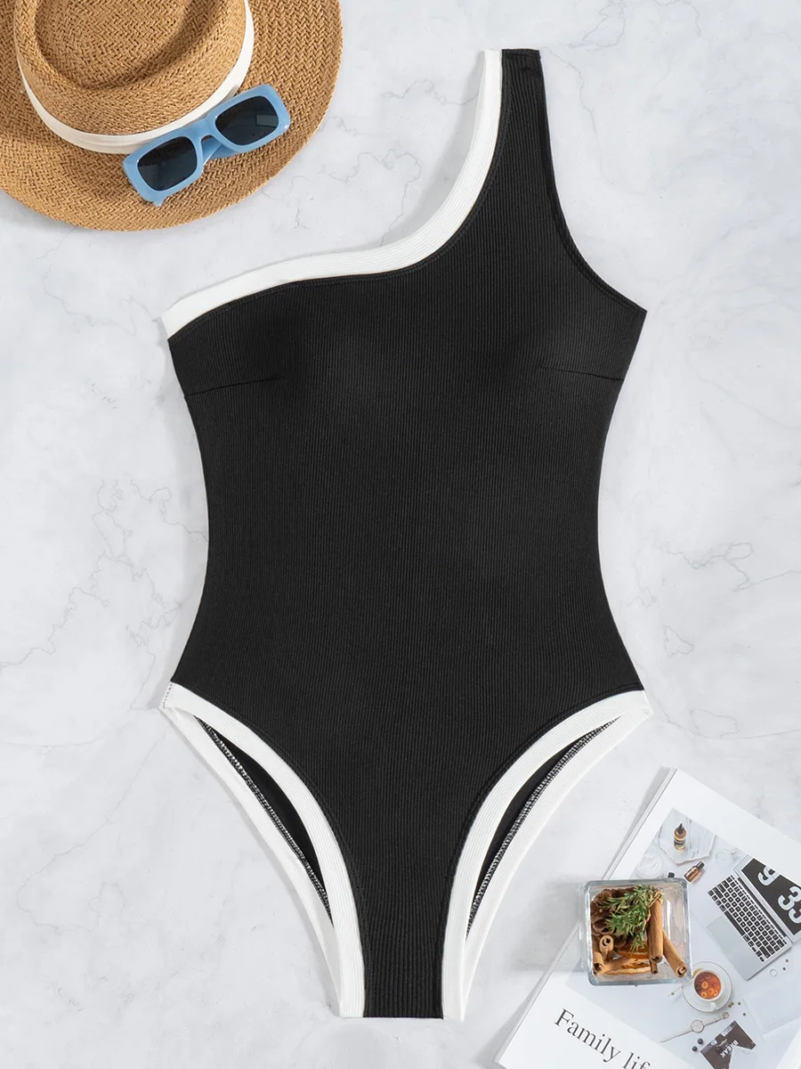 Ribbed Splicing One Shoulder Female Swimwear One Piece Swimsuit Women Monokini High Cut Bather Bathing Suit Swim Lady Bodysuit