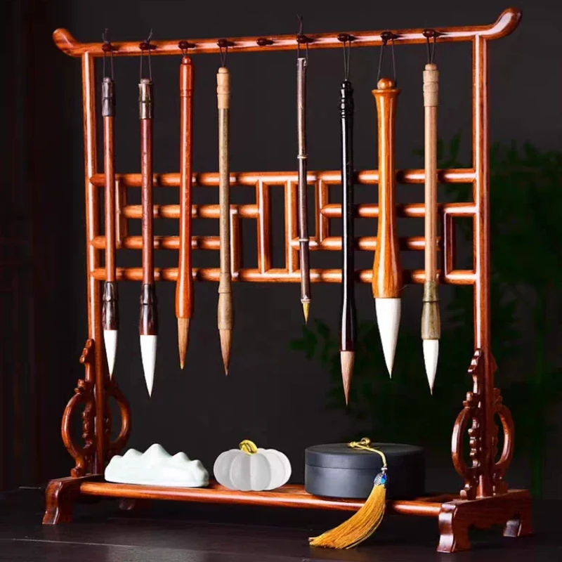 Rosewood Calligraphy Brush Stand Creative Antique Pen Holder for Four Treasures Solid Wood Desk Organizer Study Pen Hanging