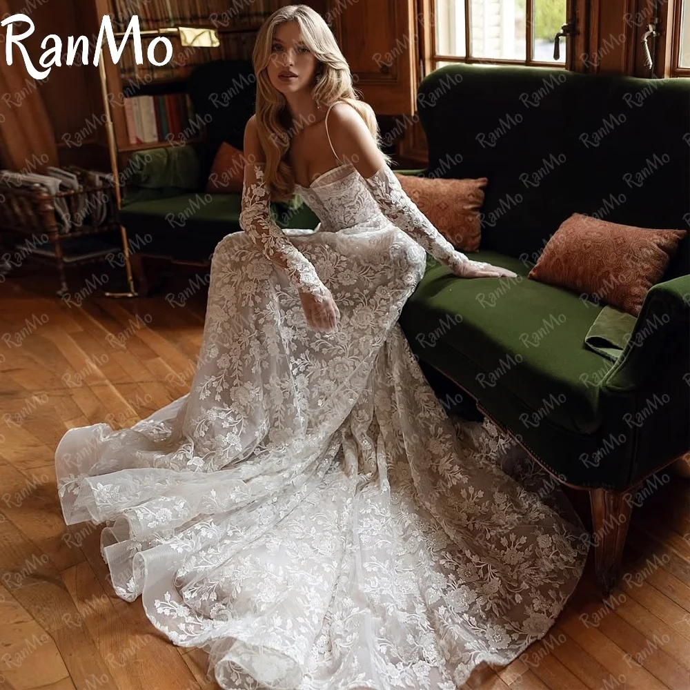 Ranmo 2025 絶妙な A ラインのウェディングドレススパゲッティストラップアップリケレースブライダルドレススイープトレインカスタマイズされた Vestidos デノビア
