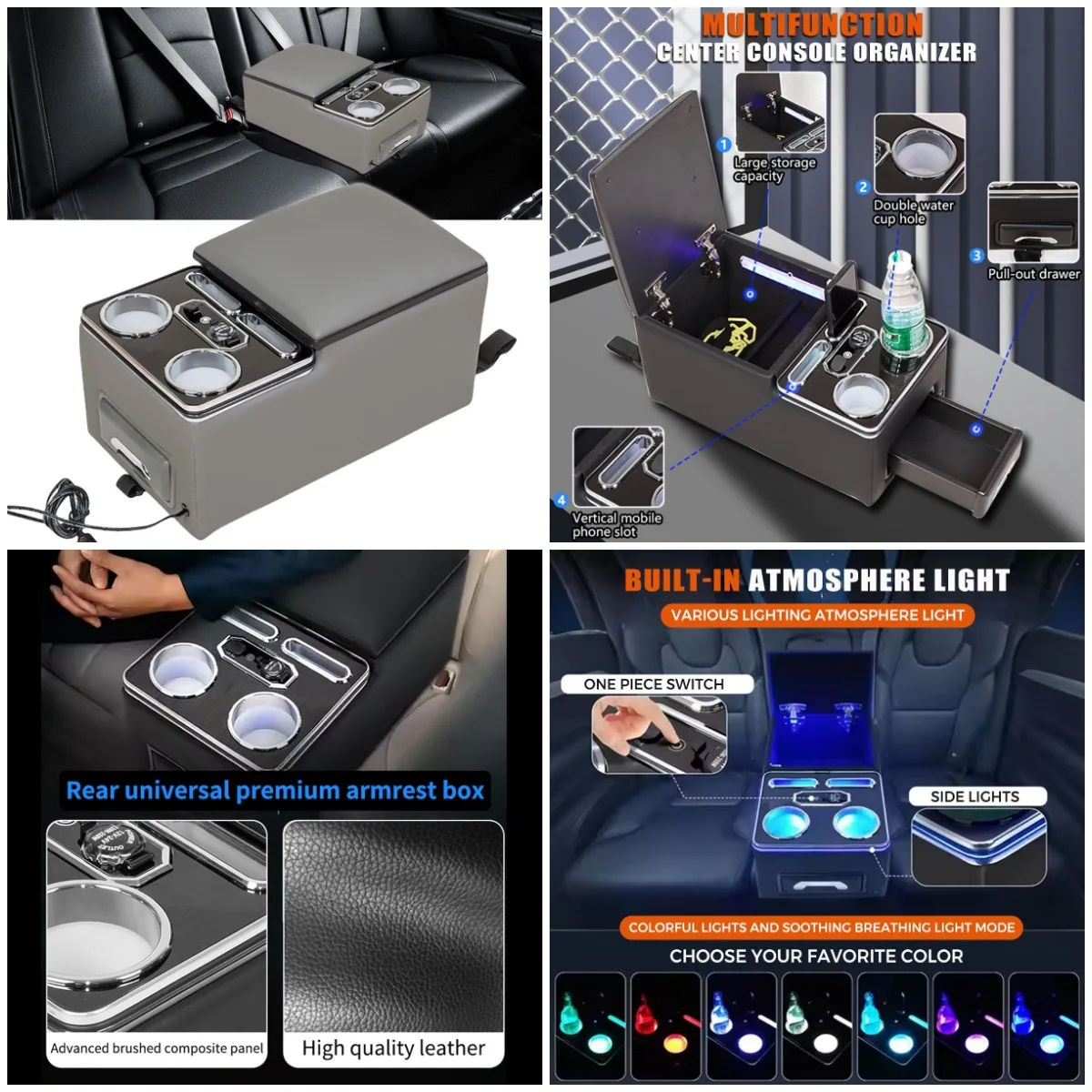 

7-Color Mood Lighting Center Console with Phone Charging & Storage for Car Minivan Van