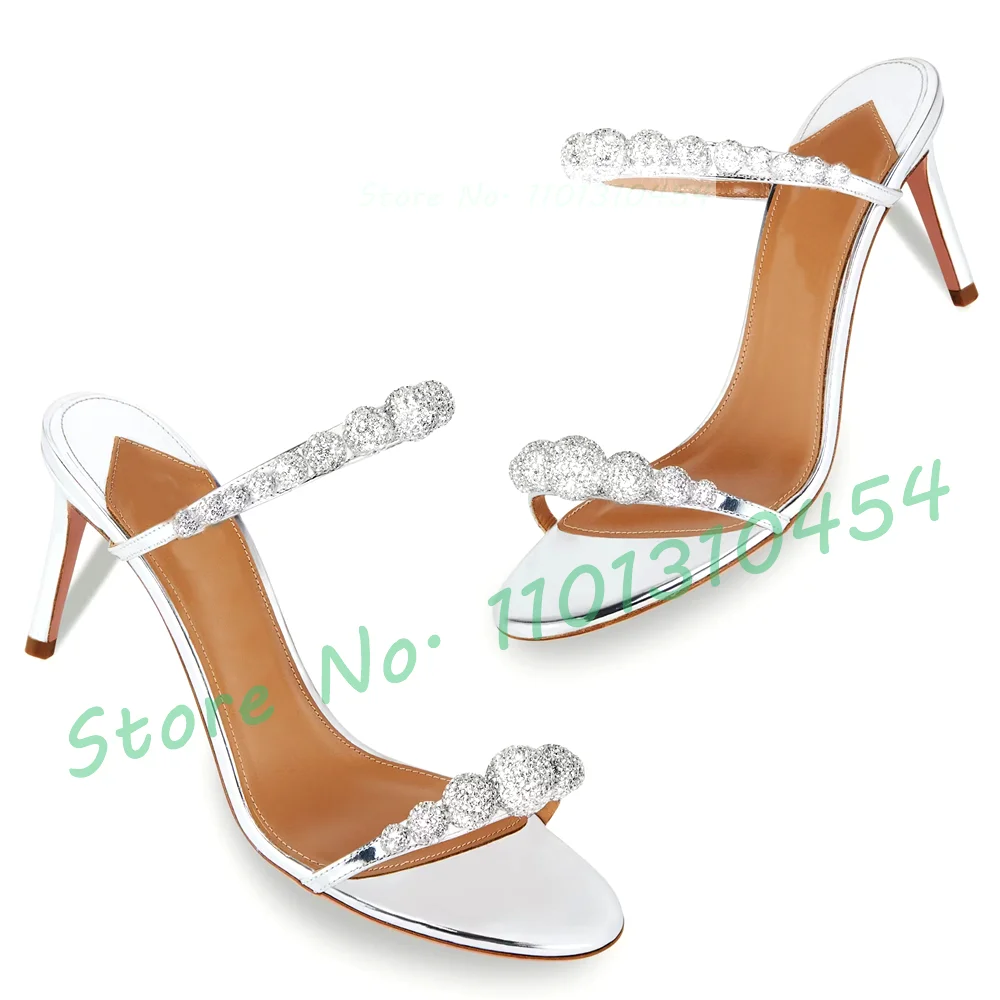 

Silver Crystal-set Heeled Mules Women Concise Mirrored Sheepskin Elegant Shoes Ladies Summer Open Toe Front Strap Party Slippers