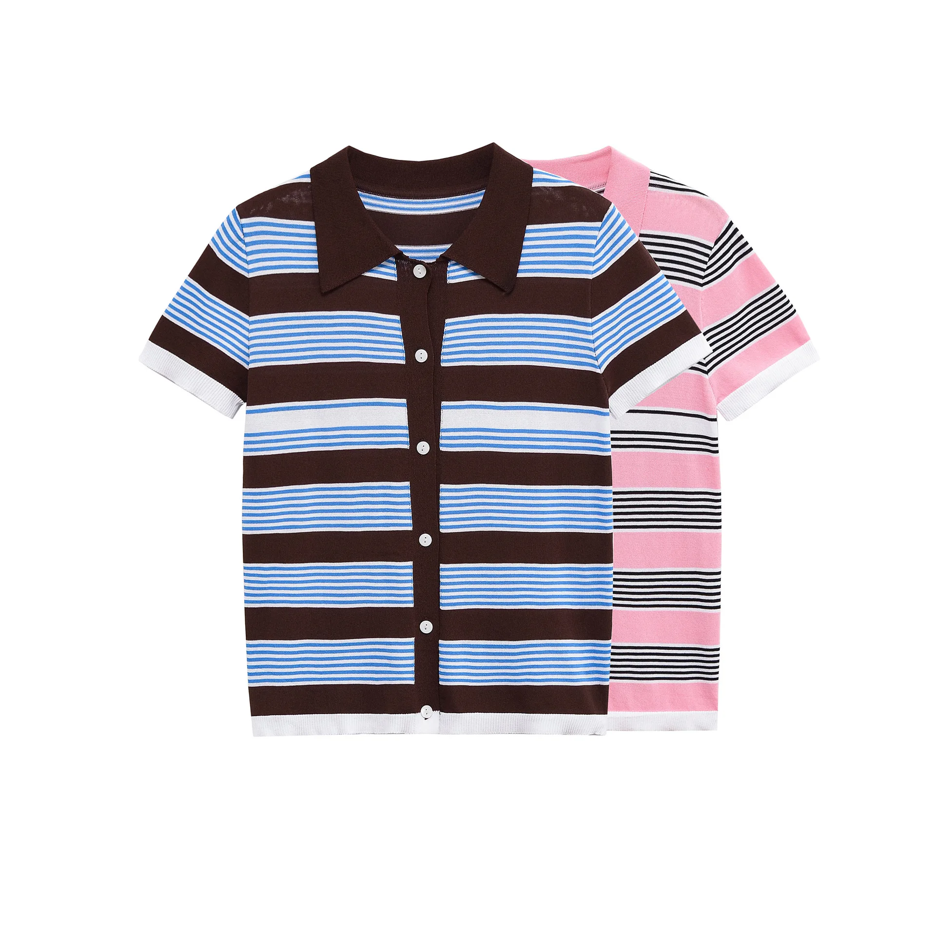 

New summer women's contrasting striped lapel top for women's slim short-sleeved knitted sweater