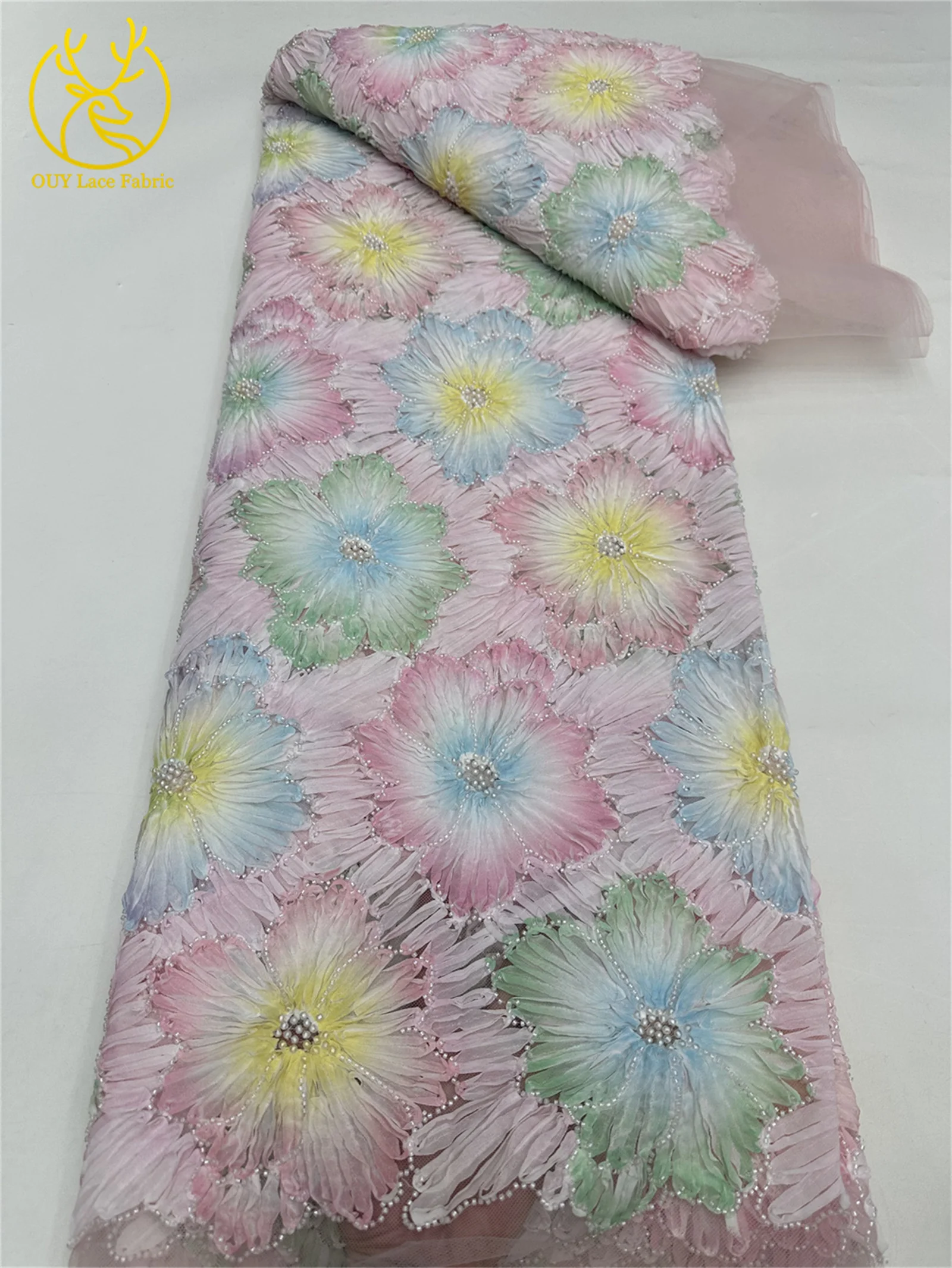 Latest Fashion Sequins Beaded Lace Fabric African Chunky 3D Floral Embroidery Luxury French Tulle Mesh Lace Fabric Party Dresses