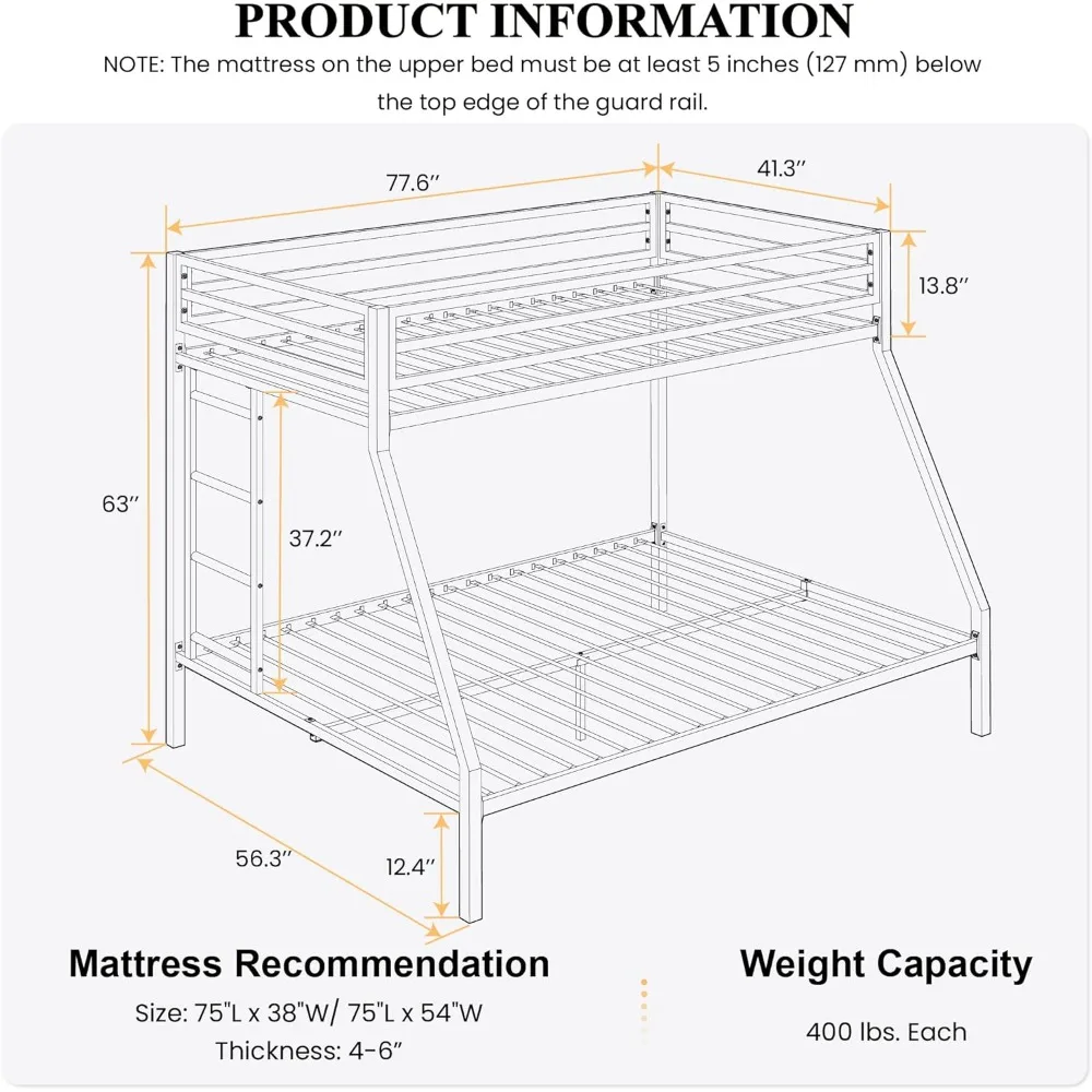 SHA CERLIN Metal Bunk Bed Twin Over Full Size with Removable Stairs, Heavy Duty Sturdy Frame with 12