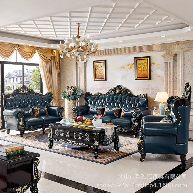 European Leather Sofa 123 Combination American Solid Wood Ebony Simple European Luxury  Villa Living Room Retro Furniture