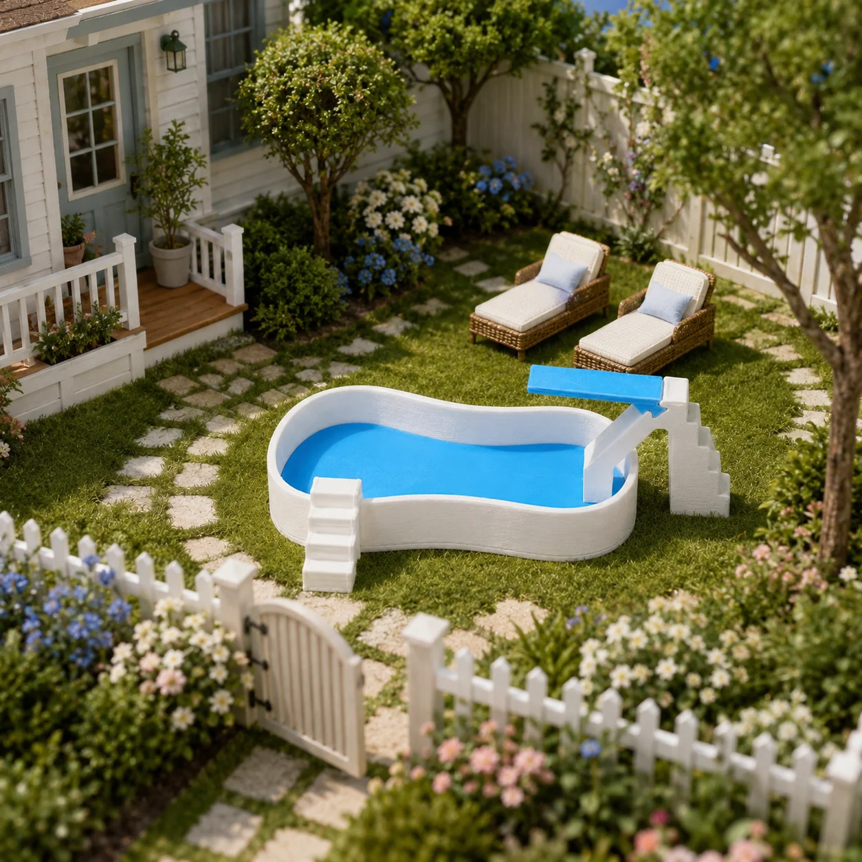 Miniature swimming pool with diving platform, miniature courtyard outdoor swimming pool model, scene shooting props view 3