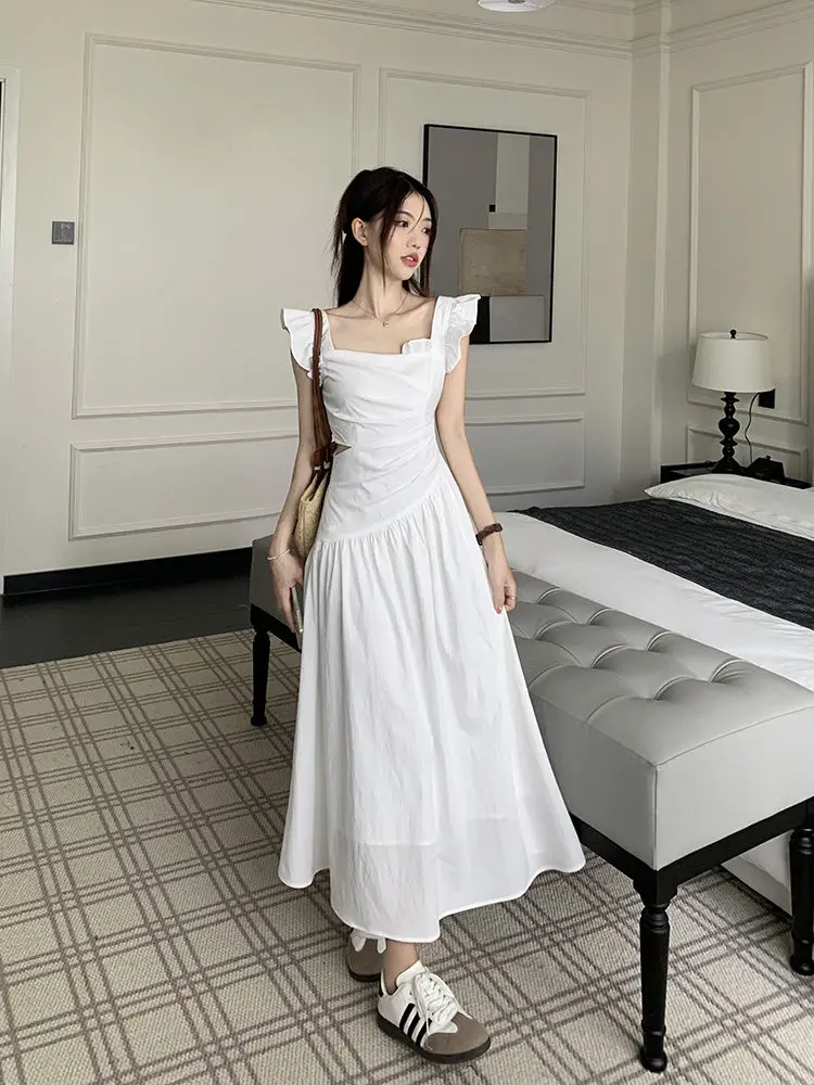 Hollow Out Retro age reduction fashion Fly Sleeves Dress Women 2024 Summer Ladies Elegant Fashion Fairy Long Dresses