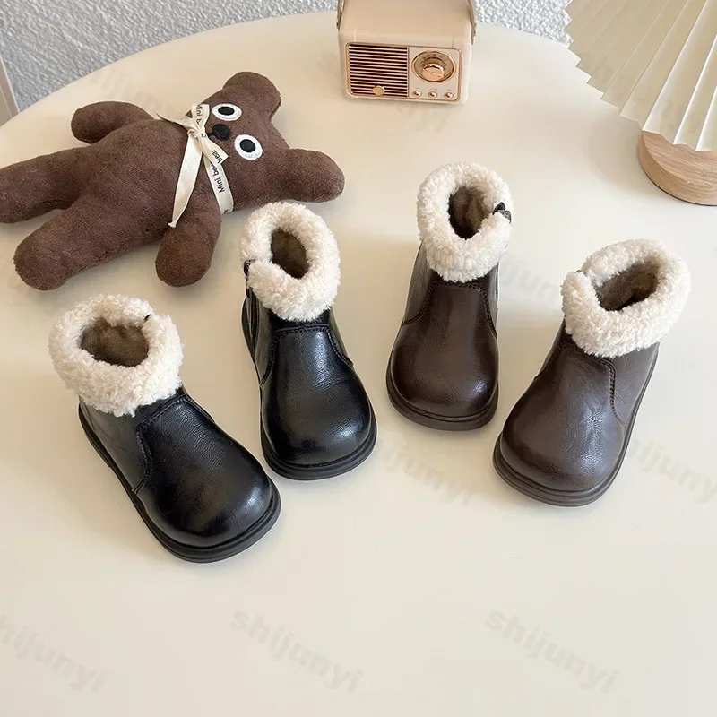 Faux Fur Winter Boys Girls Boots 2025 New PU Leather Plush Boots Kids Non-slip Vintage Fashion Plush Boots Children Cotton Boot