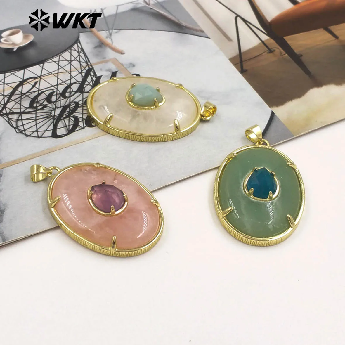 WT-P2066 Smooth Texture Pink Green&White Gemstone With Bright Surface Pendants Zircon Paved Handmade Findings