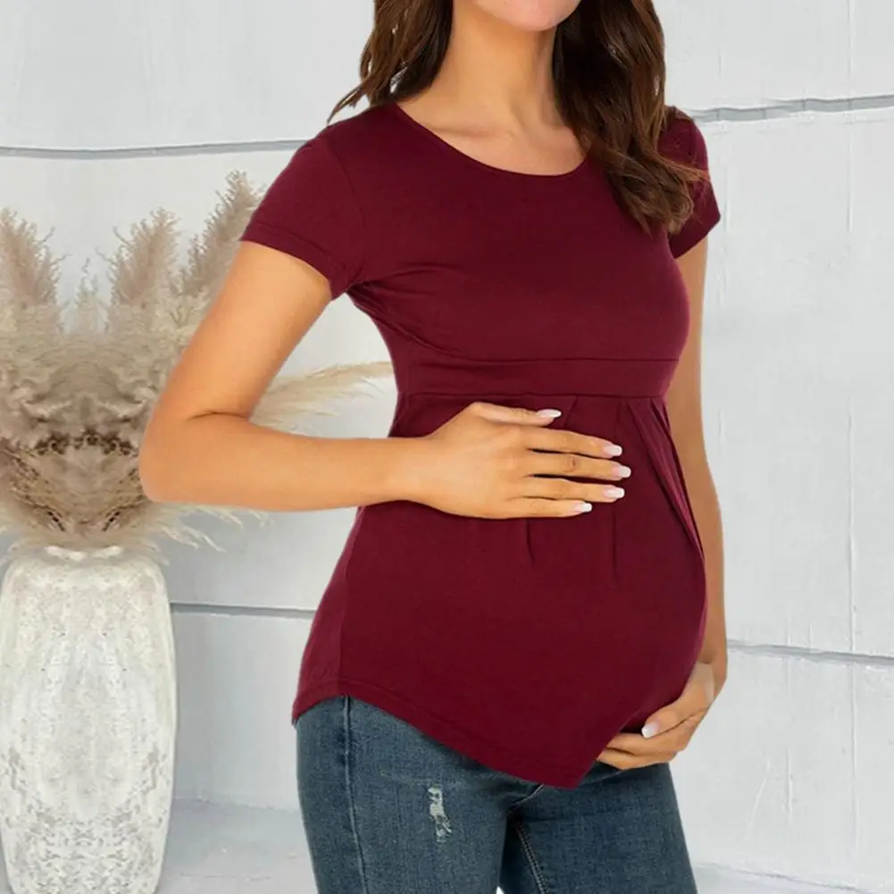 Pregnancy Shirt Pregnant Woman Tee Solid Color Round Neck Short Sleeve Tee Shirt Breathable Casual T-shirt Versatile Womens Tops