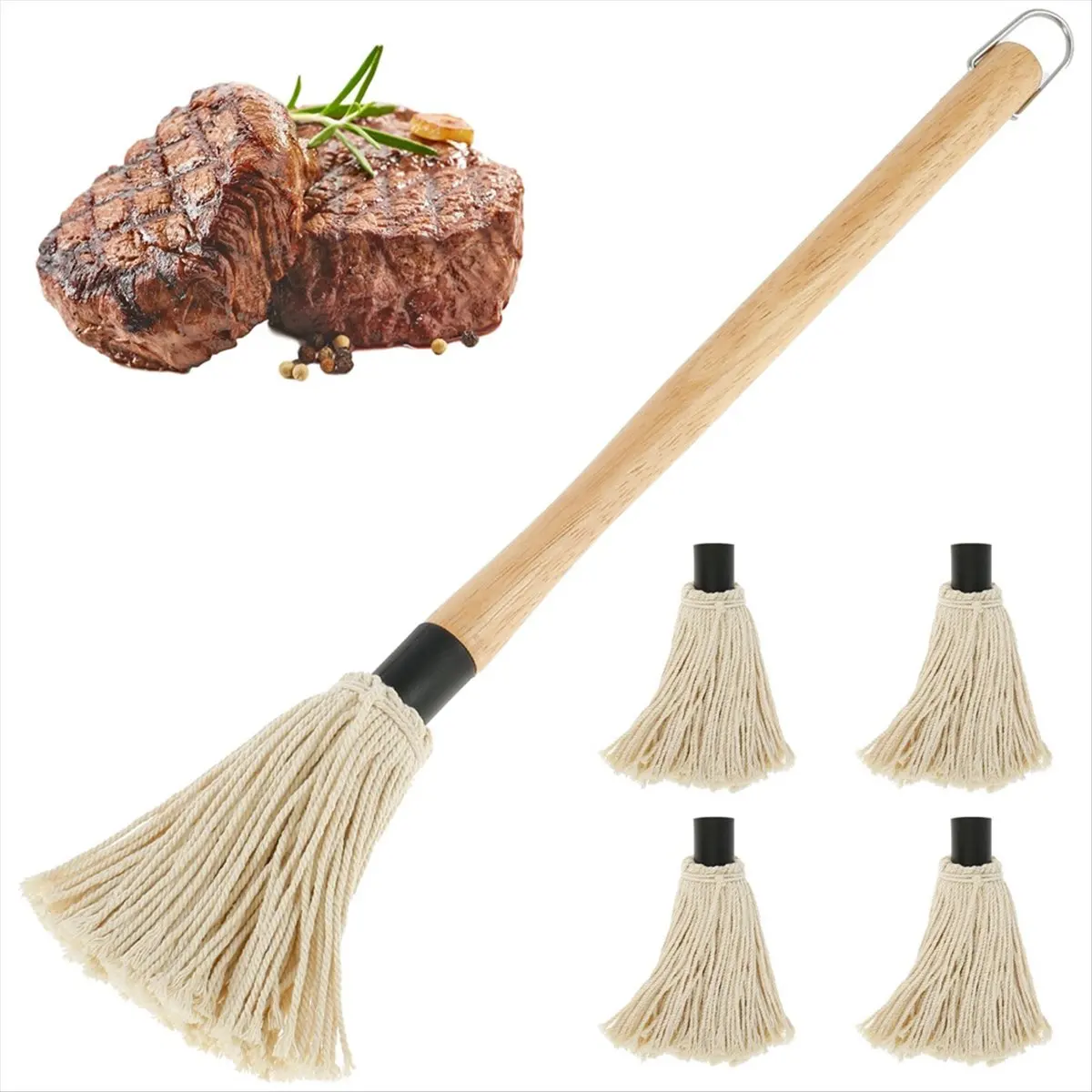 【ABFS】1 Set BBQ Mop 18.3 Inch BBQ Mop Brush Grill Brush Wooden Long Handle Grill Brush for Sauce BBQ Smoking Steak